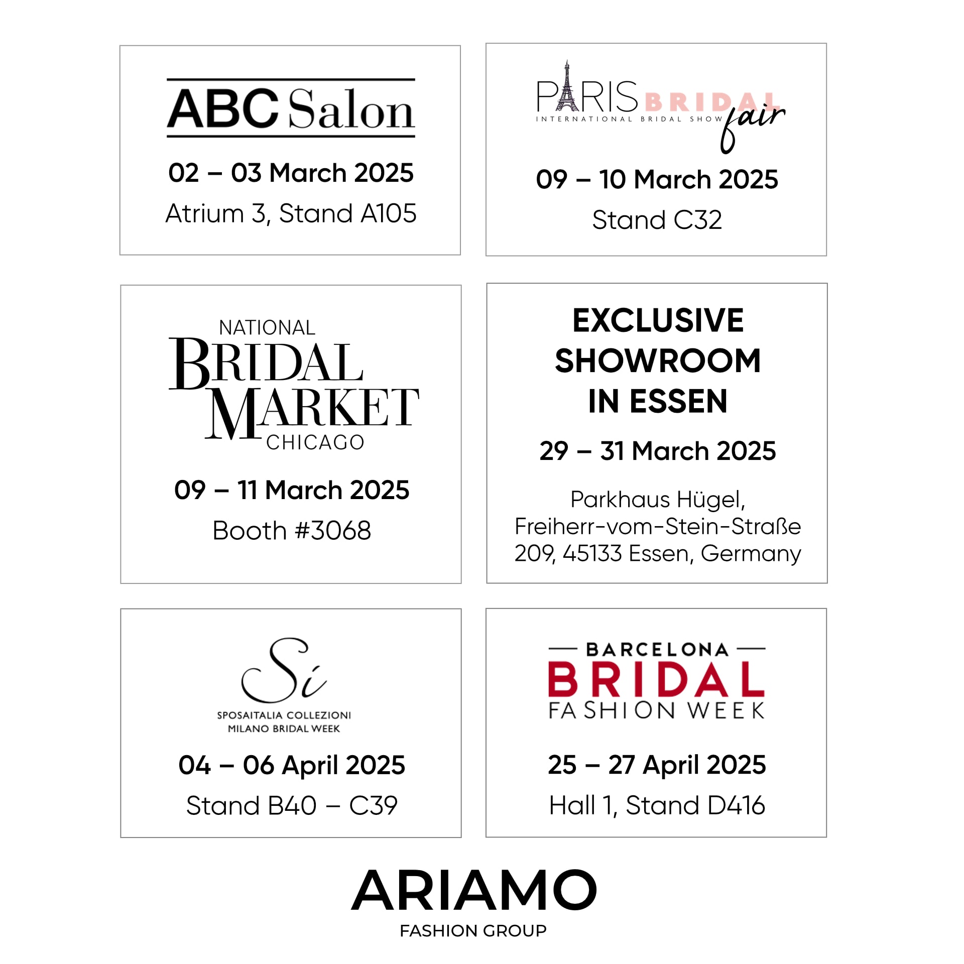 We are excited to meet you at the upcoming spring bridal fairs across Europe and the USA!